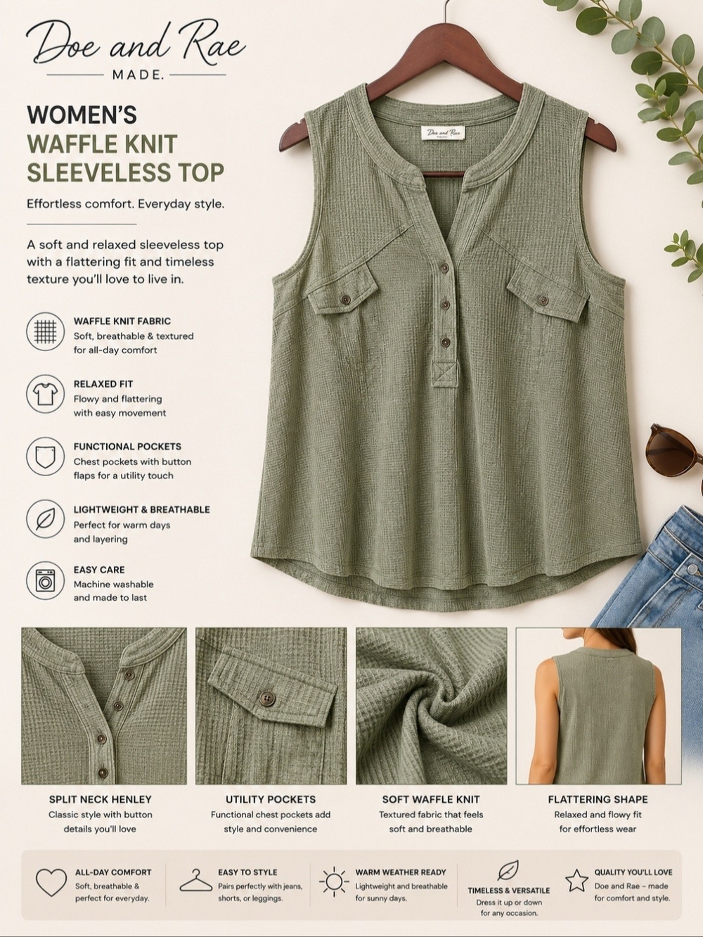 Olive Waffle Knit Sleeveless Top